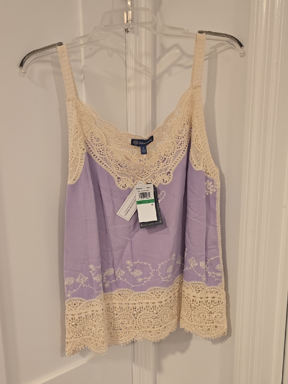 Democracy  Lavender Cami with Cream Crochet Trim